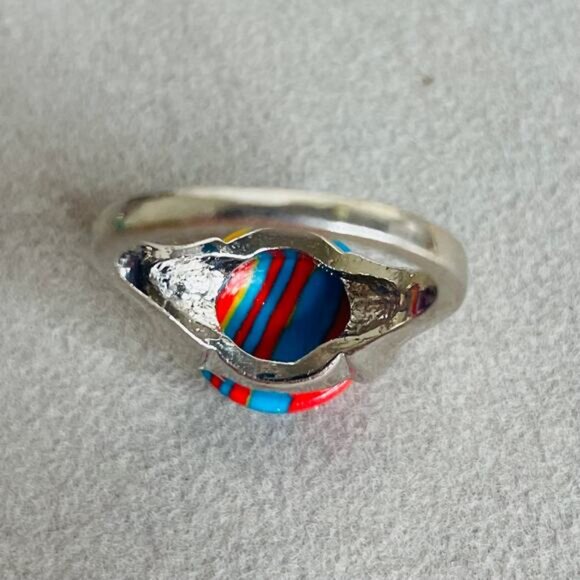 Size 6.5 Red Blue Yellow Colorful Enamel Silver Tone Ring - Picture 5 of 6